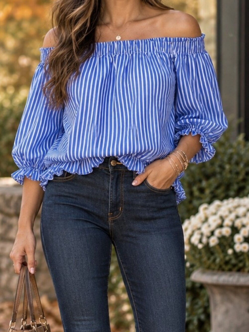 Velvet Heart Blue White Striped Off Shoulder Ruffle Blouse Boho Fall
